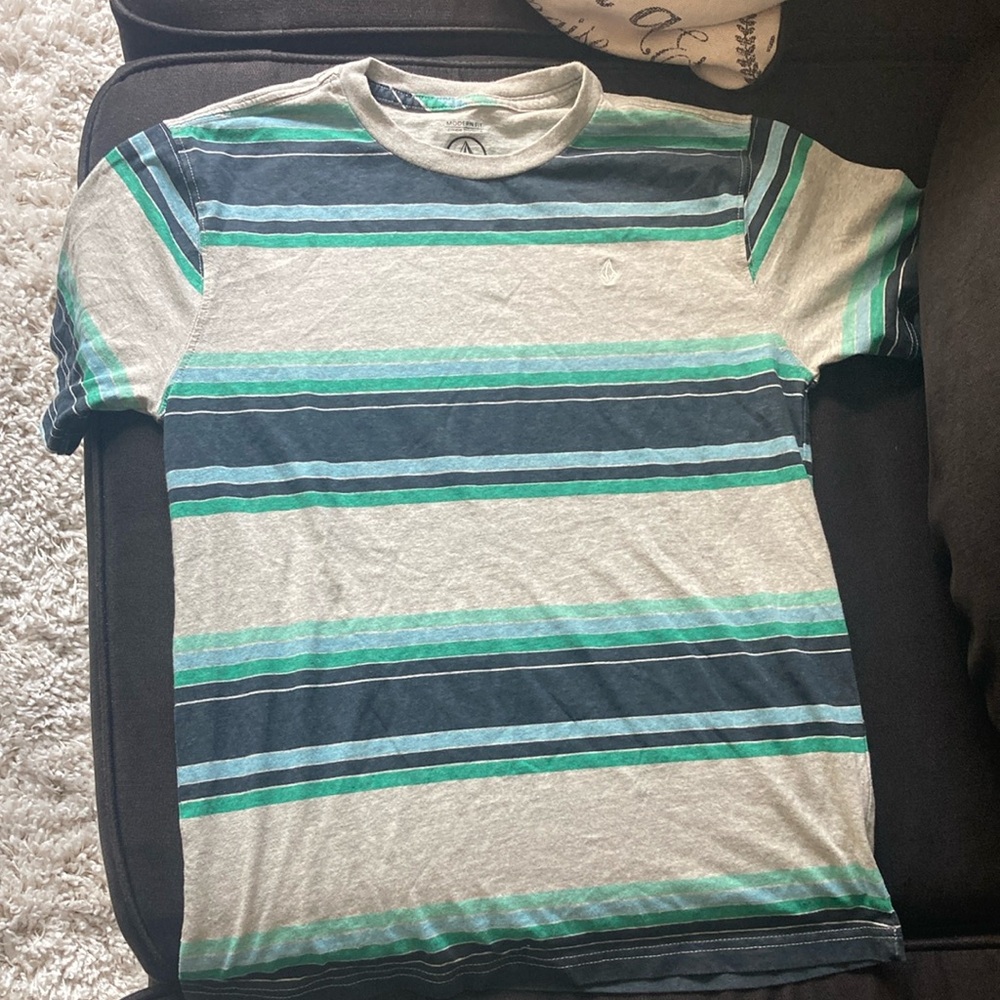 Volcom Boys Striped Gray, Navy and Green T-Shirt